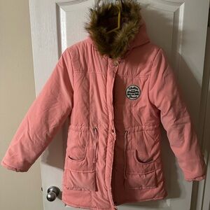 Pink women’s Jacket with Faux Fur Trim